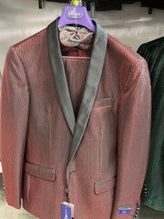 Mens Burgundy Shiny Stripe Tuxedo Jacket – Slim Fit Satin Lapel Dinner Blazer for Formal Events