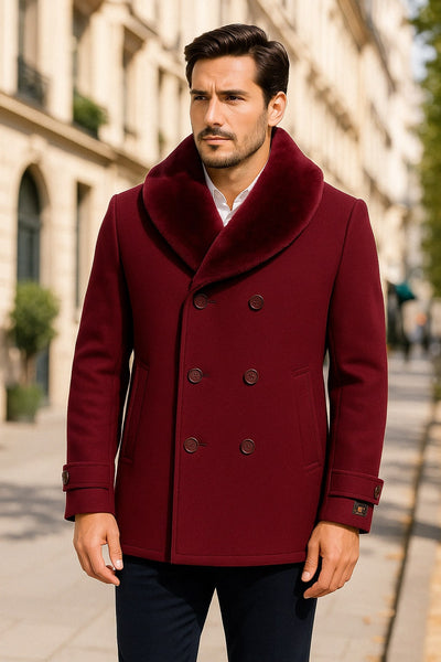 Mens Burgundy Double-Breasted Overcoat with Faux Fur Shawl Collar – Slim Fit Peacoat - Alberto Nardoni Signature 3   - from alligatorwarehouse.com