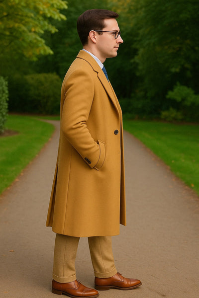 Great Gatsby Package -  Mens Camel Overcoat with Beige Tweed 3-Piece Suit Combo 4 Items Formal Winter Outfit 2   - from alligatorwarehouse.com
