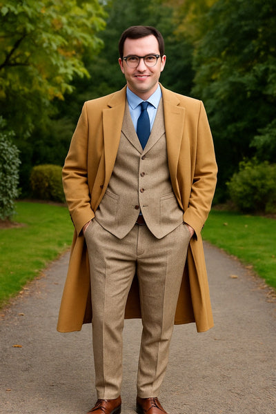 Great Gatsby Package -  Mens Camel Overcoat with Beige Tweed 3-Piece Suit Combo 4 Items Formal Winter Outfit 1   - from alligatorwarehouse.com