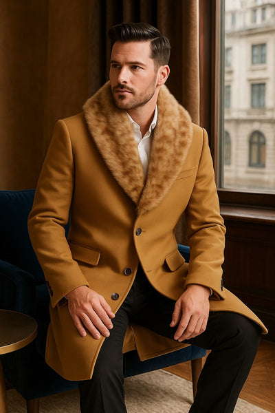 Mens Camel Overcoat with Light Faux Fur Collar – Single-Breasted Wool Dress Coat 3   - from alligatorwarehouse.com