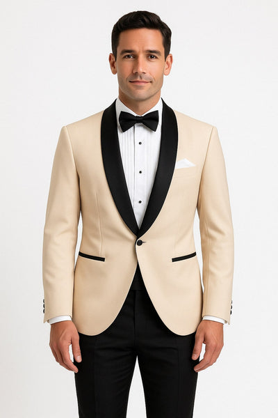 Mens Champagne Light Tan Tuxedo Jacket with Black Shawl Lapel – Classic One-Button Formal Dinner Jacket - Nude Color 1   - from alligatorwarehouse.com