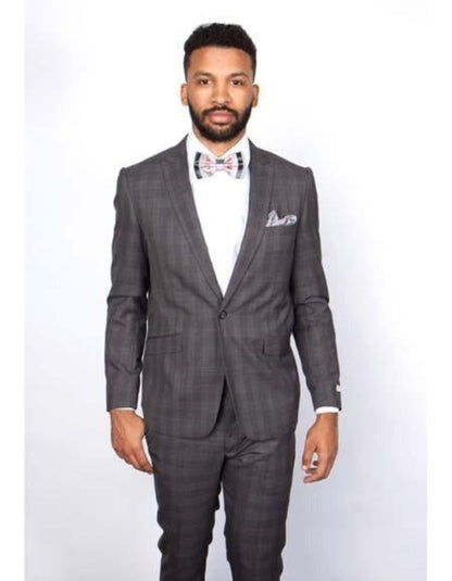 Men's Rossiman Rossi Man Brand Charcoal Plaid Tapered Leg Lower Rise Pant & Get Skinny 1 Button Slim Fit Peak Lapel Suit