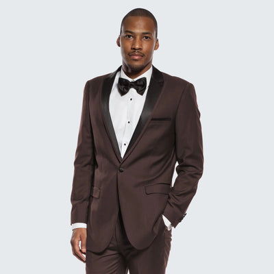Mens Chocolate Brown Tuxedo with Black Satin Peak Lapel – Formal Wedding and Prom Suit 5   - from alligatorwarehouse.com