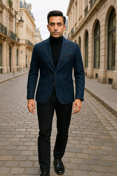 Mens Dark Blue Denim Casual Blazer with Notch Lapel and Single Button Closure 4   - from alligatorwarehouse.com