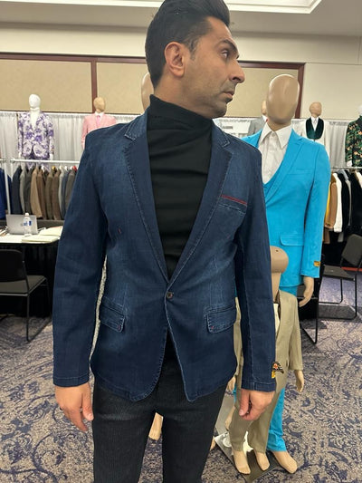 Mens Dark Blue Denim Casual Blazer with Notch Lapel and Single Button Closure 3   - from alligatorwarehouse.com