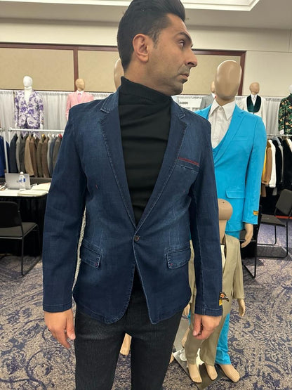 Mens Dark Blue Denim Casual Blazer with Notch Lapel and Single Button Closure