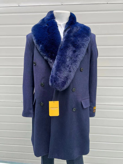 Mens Double-Breasted Navy Overcoat with Plush Blue Faux Fur Collar – Alberto Nardoni Winter Coat 4   - from alligatorwarehouse.com