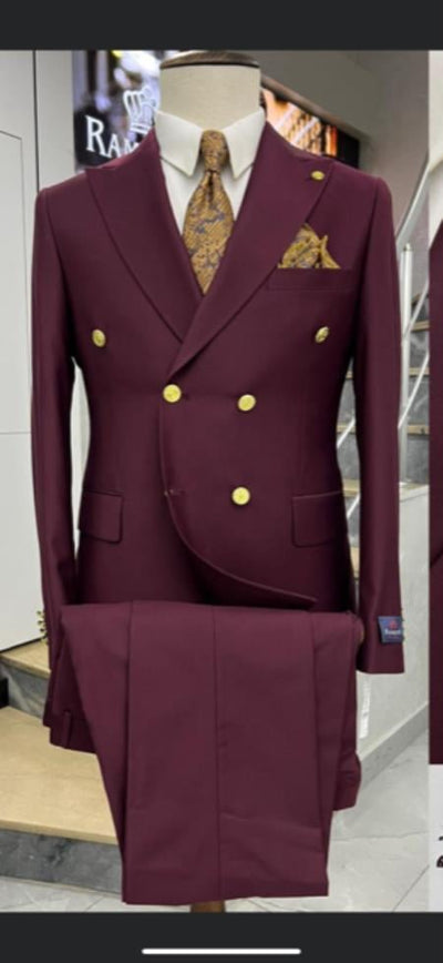 Mens Double Breasted Suits Gold Buttons - 100% Wool Burgundy Suit - Double Breasted Blazer 1 34-Shrt-ExSml-JA63860  - from alligatorwarehouse.com