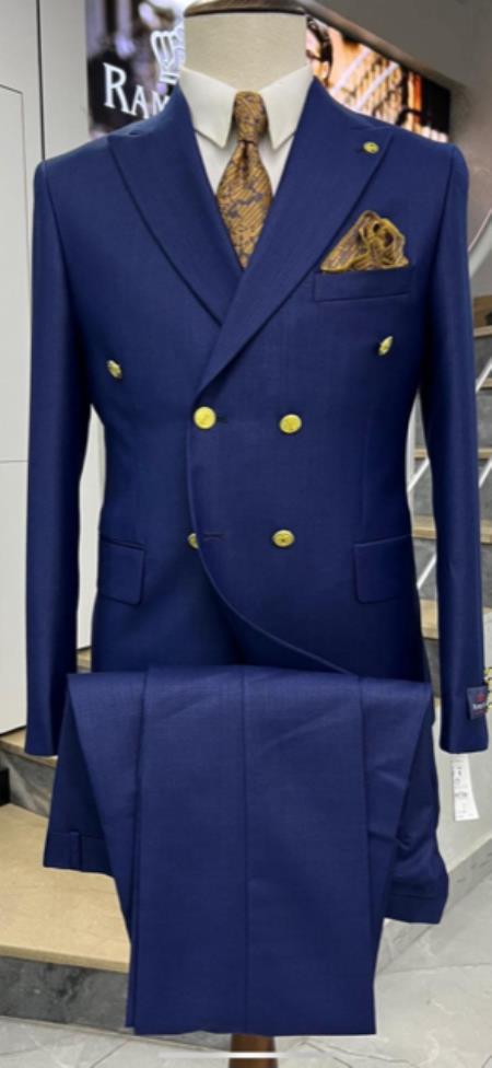Mens Double Breasted Suits Gold Buttons - 100% Wool Royal Blue Suit - Double Breasted Blazer