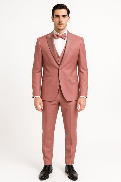 Mens Dusty Pink Three-Piece Slim Fit Tuxedo with Contrast Satin Lapel and Bow Tie 1   - from alligatorwarehouse.com