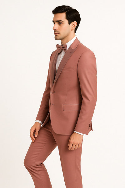 Mens Dusty Pink Three-Piece Slim Fit Tuxedo with Contrast Satin Lapel and Bow Tie 2   - from alligatorwarehouse.com