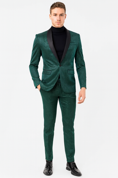 Mens Emerald Green Shiny Stripe Tuxedo Suit – Slim Fit 2-Piece Satin Lapel Dinner Jacket and Pants Ultra slim fit 1   - from alligatorwarehouse.com