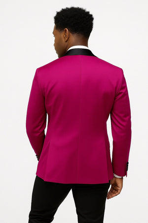 Mens Fuchsia Pink Satin Tuxedo Jacket with Black Peak Lapel ƒ?? Bold Slim Fit Formal Suit