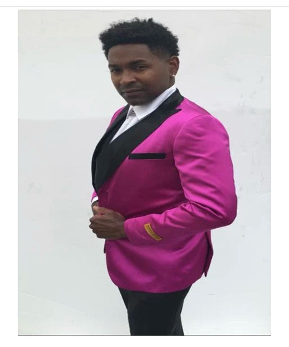 Mens Fuchsia Pink Satin Tuxedo Jacket with Black Peak Lapel ƒ?? Bold Slim Fit Formal Suit