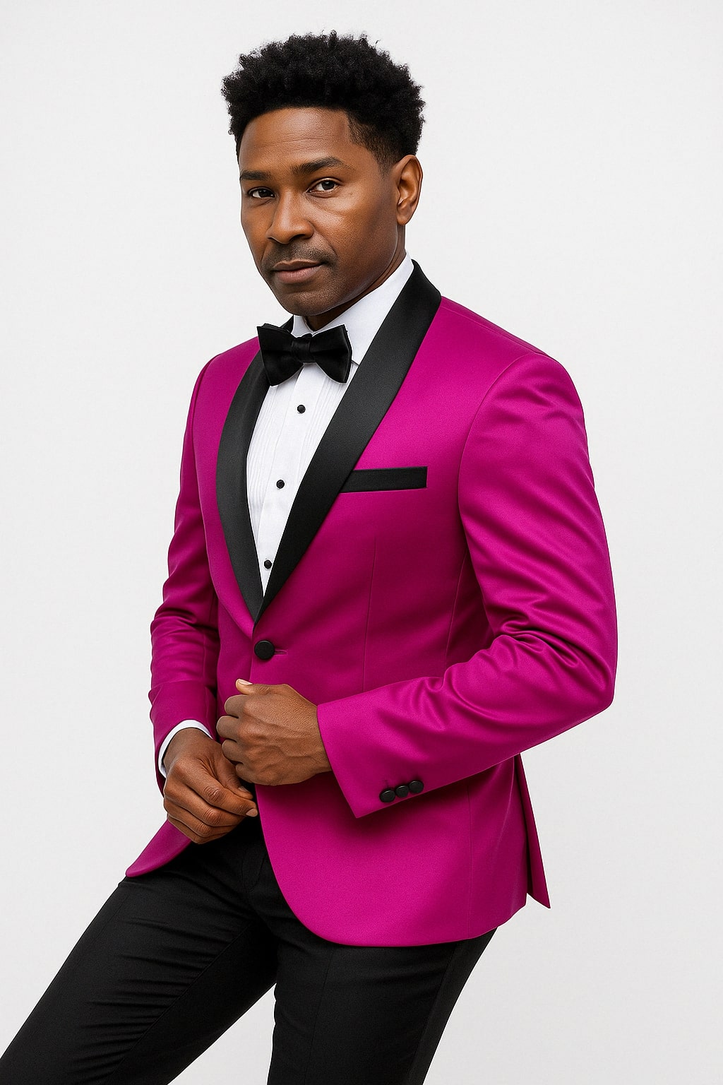 Mens Fuchsia Pink Satin Tuxedo Jacket with Black Peak Lapel ƒ?? Bold Slim Fit Formal Suit