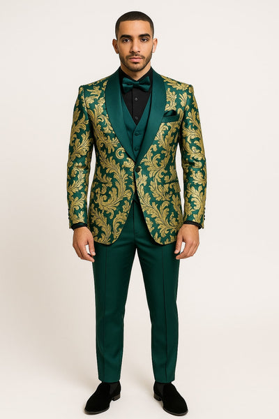 Mens Green and Gold Embroidered Tuxedo – 3-Piece Prom Suit 1   - from alligatorwarehouse.com
