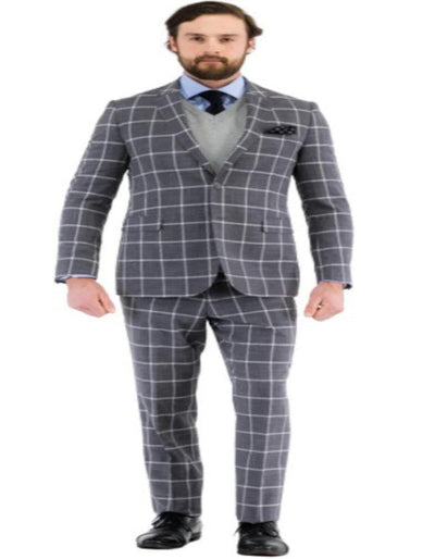 Mens Plaid Suit - Windowpane Pattern With Vest - Business Suit Grey 1   - from alligatorwarehouse.com