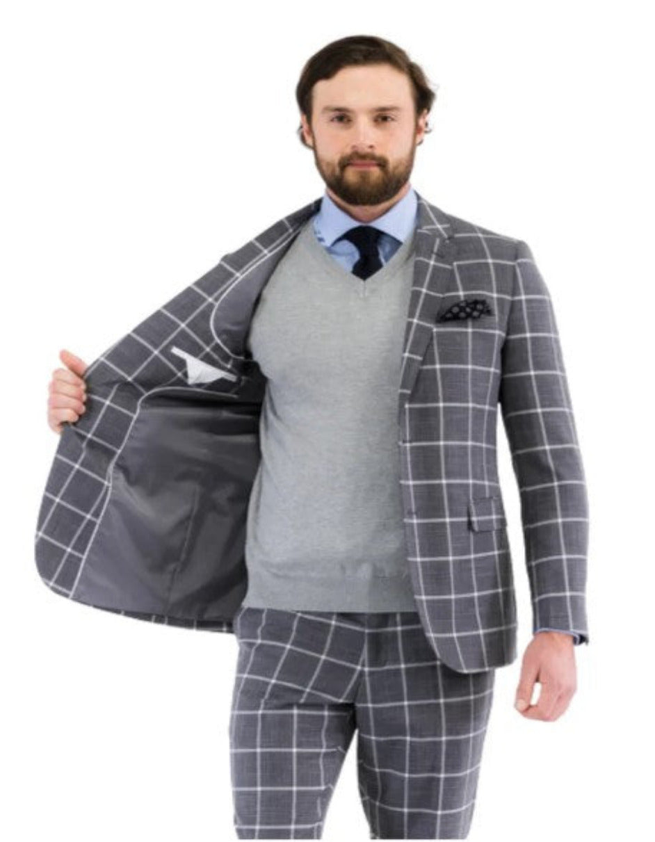 Mens Plaid Suit - Windowpane Pattern With Vest - Business Suit Grey