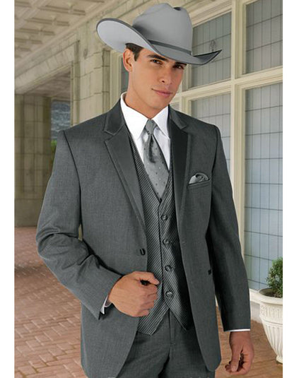 Men’s Grey 2 Button Trim Cowboy Tuxedo with Vest, Western Wedding Formal Suit