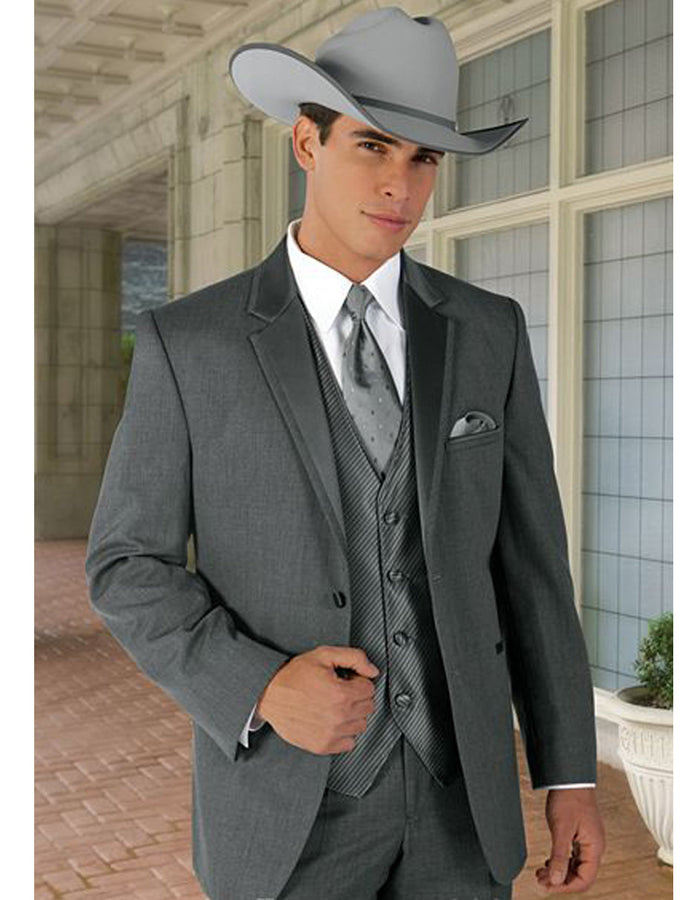 Men’s Grey 2 Button Trim Cowboy Tuxedo with Vest, Western Wedding Formal Suit
