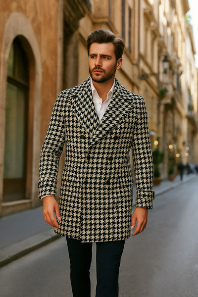 Mens Houndstooth Double-Breasted Wool Peacoat – Black and White Wool  Short Coat Slim Fit 4   - from alligatorwarehouse.com