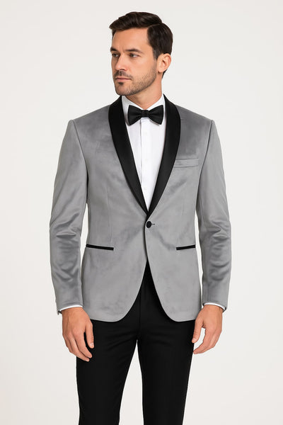 Mens Light Gray Velvet Tuxedo Jacket – Slim Fit Shawl Lapel Formal Blazer + Black Pants Included 1   - from alligatorwarehouse.com
