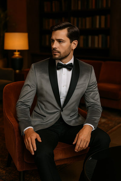 Mens Light Gray Velvet Tuxedo Jacket – Slim Fit Shawl Lapel Formal Blazer + Black Pants Included 3   - from alligatorwarehouse.com