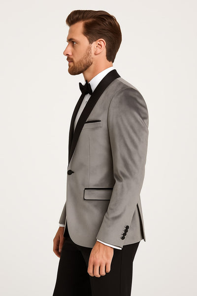 Mens Light Gray Velvet Tuxedo Jacket – Slim Fit Shawl Lapel Formal Blazer + Black Pants Included 2   - from alligatorwarehouse.com