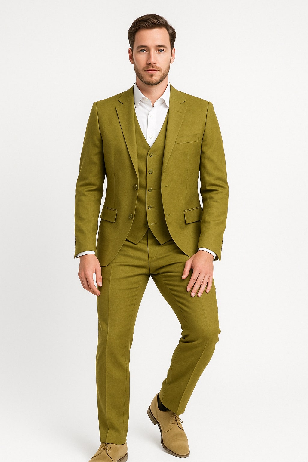 Mens Light Olive Green Linen Suit Three-Piece Style  ƒ?? Formal Suit with Vest and Flat Front Pants