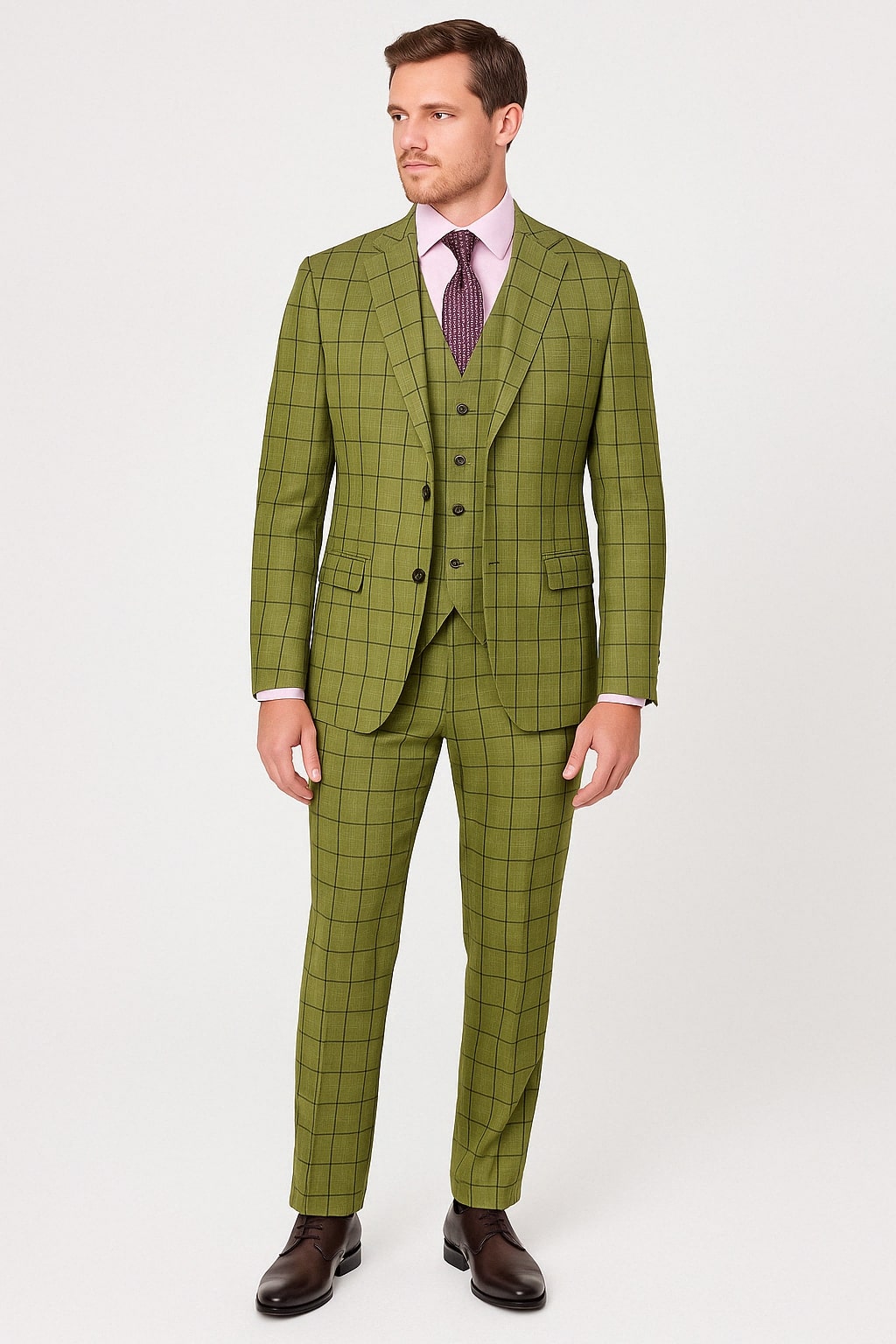 Mens Light Olive Green Three-Piece Plaid Suit with Notch Lapel - Sage Green Windowpane Pattern 1   - from alligatorwarehouse.com