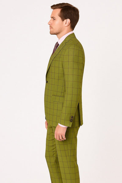Mens Light Olive Green Three-Piece Plaid Suit with Notch Lapel - Sage Green Windowpane Pattern 2   - from alligatorwarehouse.com