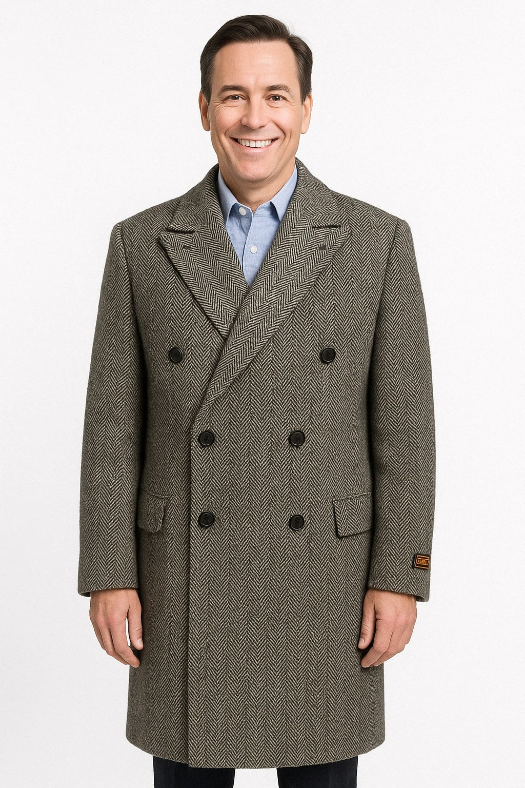 Mens Long Herringbone Wool Overcoat – Classic Double-Breasted Winter Topcoat