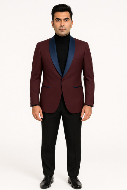 Mens Maroon Tuxedo Jacket with Blue Satin Shawl Lapel – Slim Fit Formal Blazer in Burgundy and Navy Blue