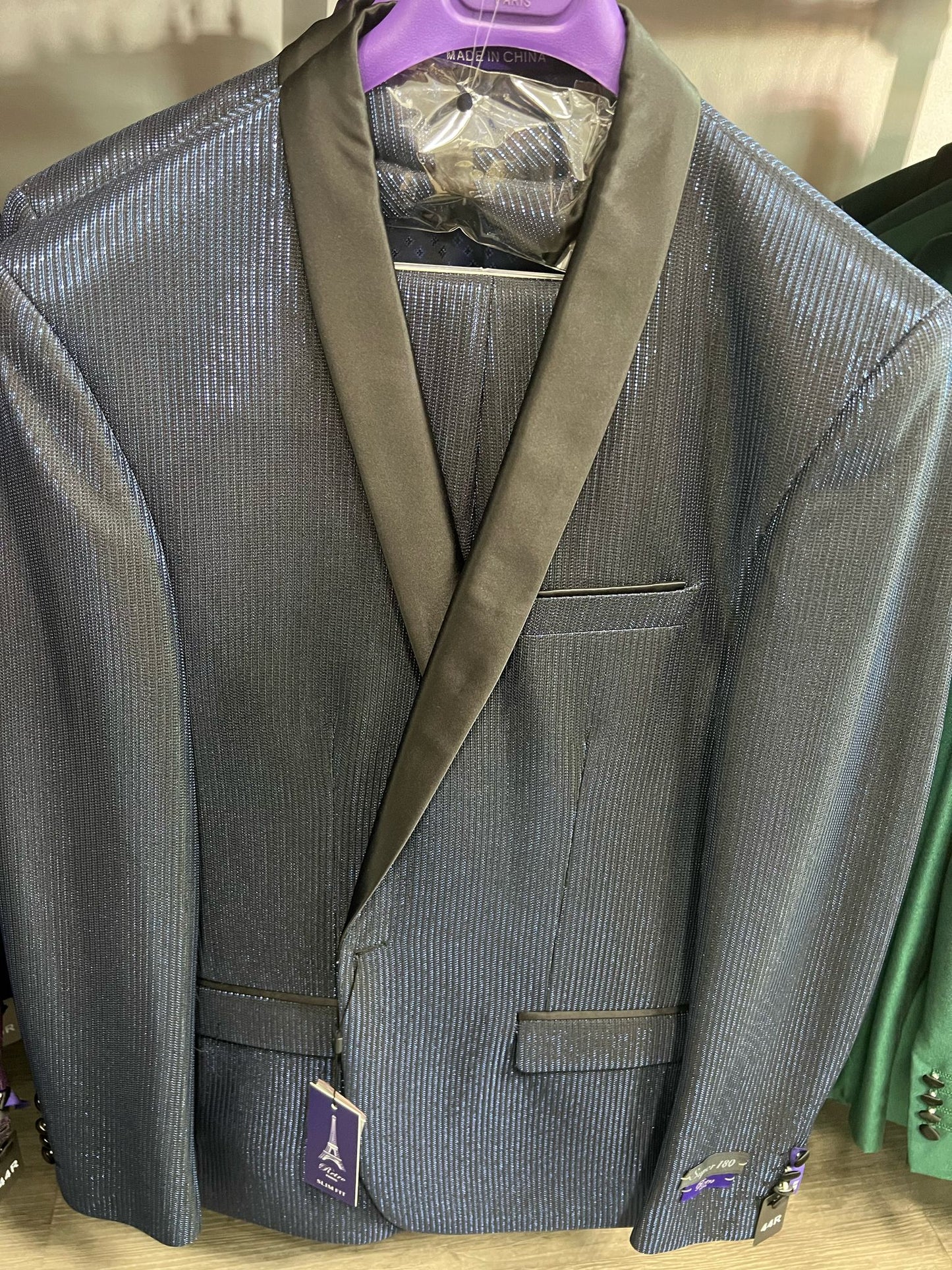 Mens Midnight Blue Stripe Tuxedo Jacket with Black Satin Shawl Lapel ƒ?? Shiny Formal Party Suit
