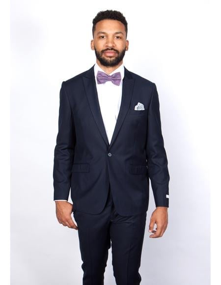 Men's Navy Blue Rossiman Rossi Slim Fit Peak Lapel Suit