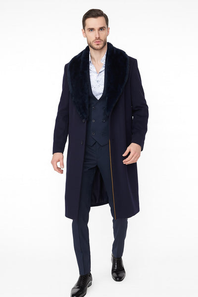 Mens Navy Blue Overcoat with Faux Fur Collar – Luxury Long Winter Coat for Formal and Casual Wear Topcoat 1   - from alligatorwarehouse.com