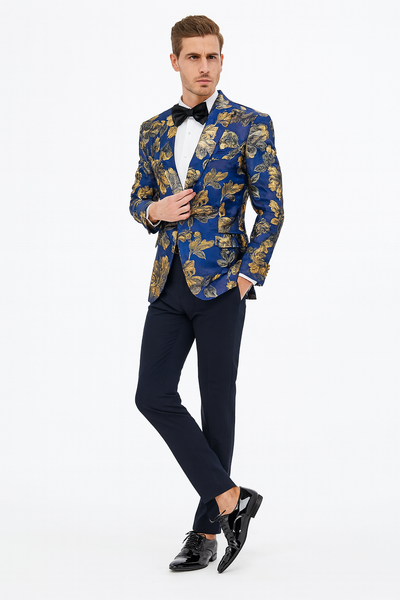 Mens Navy Blue and Gold Floral Tuxedo Jacket – Luxury Slim Fit Blazer with Gold Pattern Paisley Pattern Matching Bowtie 1   - from alligatorwarehouse.com