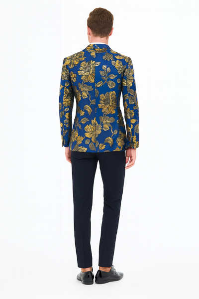 Mens Navy Blue and Gold Floral Tuxedo Jacket – Luxury Slim Fit Blazer with Gold Pattern Paisley Pattern Matching Bowtie 3   - from alligatorwarehouse.com