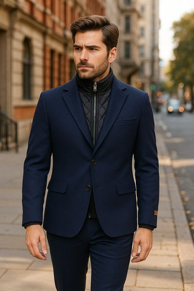 Mens Navy Cashmere and Wool Blazer with Quilted Zip-Up Inner Layer - Two Button Style Notch Lapel 4   - from alligatorwarehouse.com
