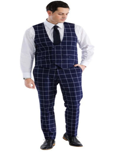 Mens Plaid Suit - Windowpane Pattern With Vest - Business Suit Navy 3   - from alligatorwarehouse.com