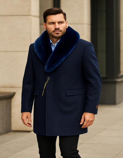 Mens Navy Wool Overcoat with Royal Blue Faux Fur Shawl Collar Cashmere Carcoat 1   - from alligatorwarehouse.com