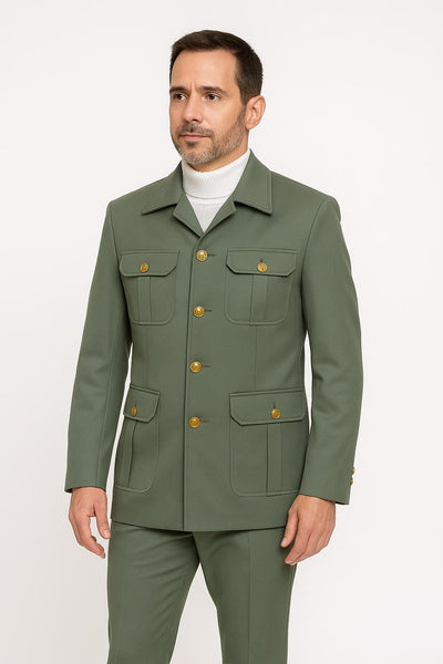 Mens Olive Green Safari Suit Set with Utility Jacket and Adjustable Waist Pants 1   - from alligatorwarehouse.com