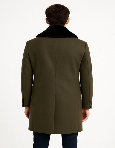 Mens Olive Green Wool Overcoat with Black Faux Fur Shawl Collar – Double Breasted Winter Coat 3   - from alligatorwarehouse.com