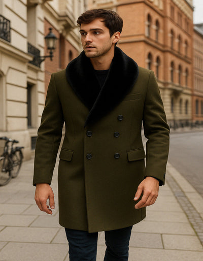 Mens Olive Green Wool Overcoat with Black Faux Fur Shawl Collar – Double Breasted Winter Coat 2   - from alligatorwarehouse.com