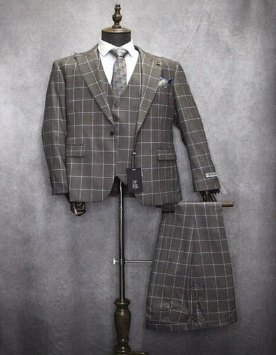 Mens One Button Peak Lapel Plaid Pattern Suit Tan ~ White ~ Blue 1   - from alligatorwarehouse.com