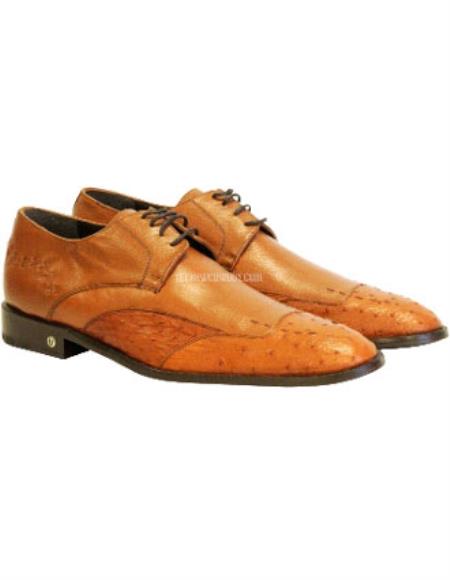 Men’s Cognac Vestigium Genuine Ostrich Derby Shoes, Handcrafted Full Leather Dress Shoes