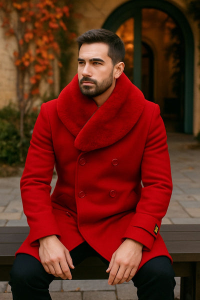 Mens Peacoat Color Red Color - Wool Overcoat with Faux Fur Shawl Collar – Double-Breasted Peacoat for Winter 3   - from alligatorwarehouse.com
