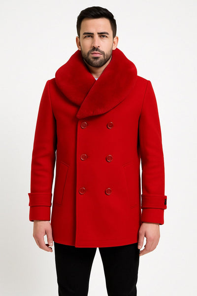 Mens Peacoat Color Red Color - Wool Overcoat with Faux Fur Shawl Collar – Double-Breasted Peacoat for Winter 1   - from alligatorwarehouse.com