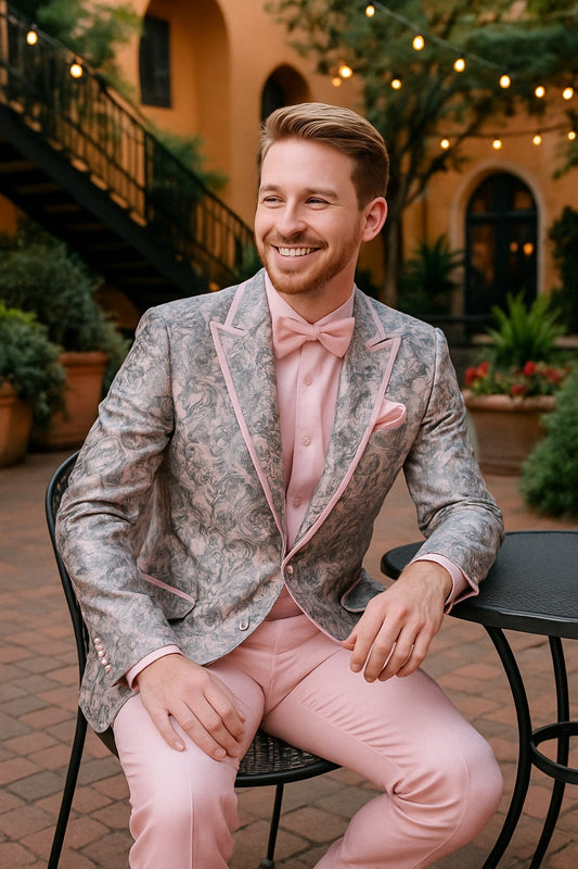 Mens Pink and Grey Floral Tuxedo with Satin Trim ƒ?? Prom and Wedding Suit with Bow Tie and Flower Pin